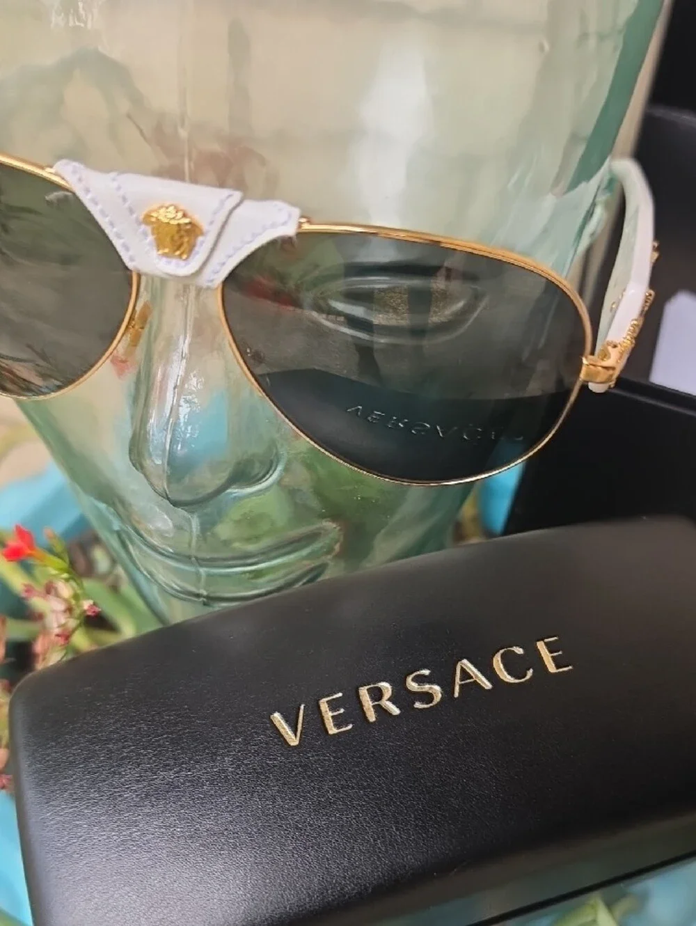 Versace Gold Frame Sunglasses with White Brow and Dark Lenses